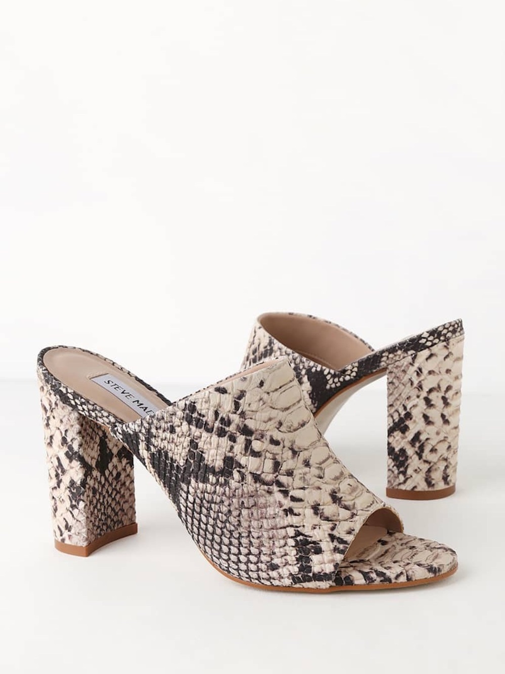 Steve Madden Beige/Black Esmeralda Natural Snake Peep-Toe Block Heel Mules 8.5
